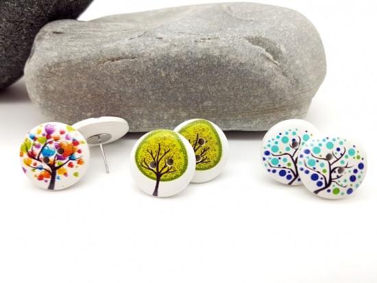 Preview: Jahreszeiten Baum Knopf Ohrstecker tree Holz Button